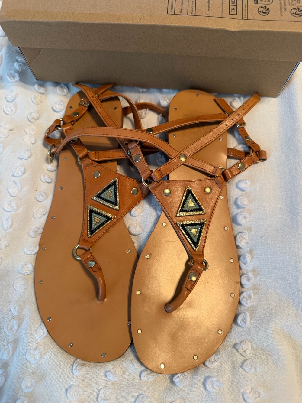 Dolce Vita Women's Tan Strappy Beaded Gladiator Sandals sz 9